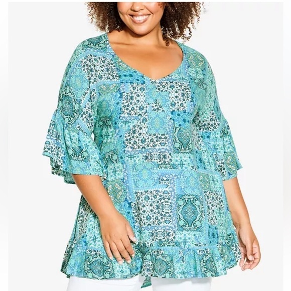 Avenue Tunic Top Patchwork Print Aqua Floral size 18 - Picture 1 of 10